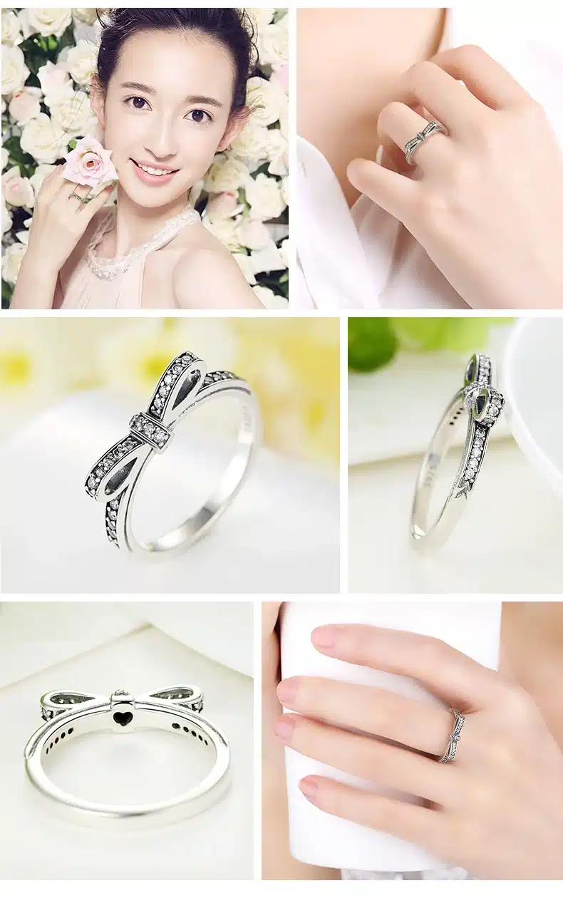 Fashion European Authentic 100% 925 Sterling Silver Bow Knot Wedding Ring With Crystal Compatible With Original Jewelry XCH7104 15