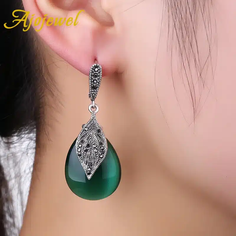 Ajojewel 2017 New Luxury Semi-precious Stone Green Jewelry Women Vintage Earrings With Black Rhinestone Leaf 14