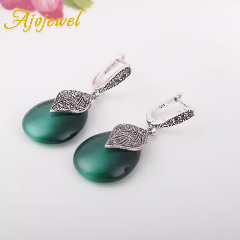 Ajojewel 2017 New Luxury Semi-precious Stone Green Jewelry Women Vintage Earrings With Black Rhinestone Leaf 15