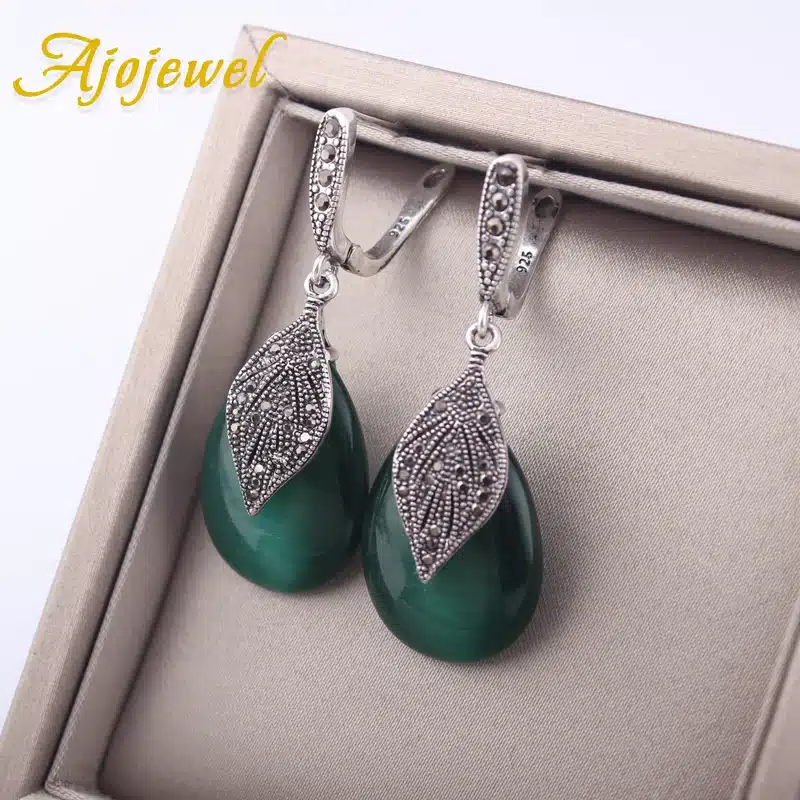 Ajojewel 2017 New Luxury Semi-precious Stone Green Jewelry Women Vintage Earrings With Black Rhinestone Leaf 16