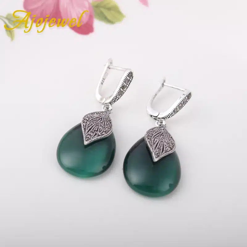Ajojewel 2017 New Luxury Semi-precious Stone Green Jewelry Women Vintage Earrings With Black Rhinestone Leaf 17