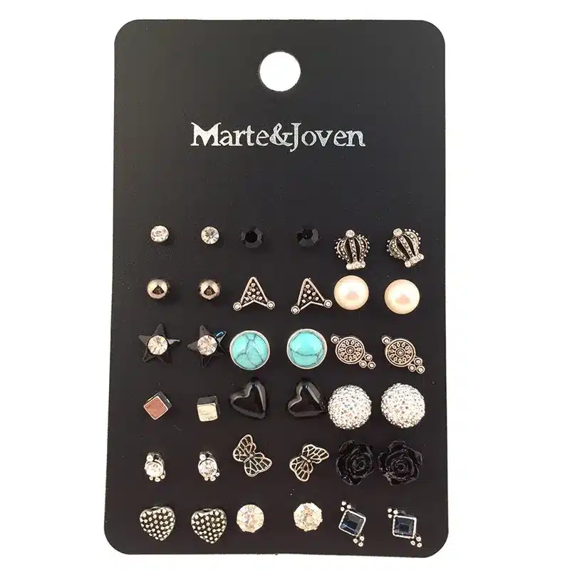 18 Pairs/Ccard Vintage Silver Plated Stud Earring Set Crown Stud SetS For Women Mix Crown Star Flower Heart Butterfly Wholesale 1