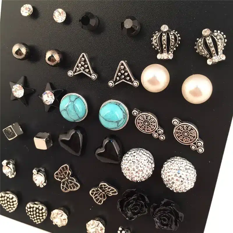18 Pairs/Ccard Vintage Silver Plated Stud Earring Set Crown Stud SetS For Women Mix Crown Star Flower Heart Butterfly Wholesale 2