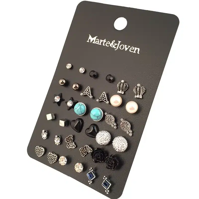 18 Pairs/Ccard Vintage Silver Plated Stud Earring Set Crown Stud SetS For Women Mix Crown Star Flower Heart Butterfly Wholesale 3