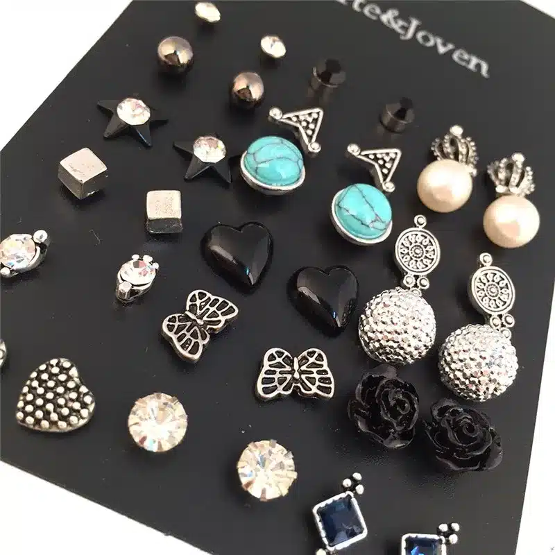 18 Pairs/Ccard Vintage Silver Plated Stud Earring Set Crown Stud SetS For Women Mix Crown Star Flower Heart Butterfly Wholesale 5