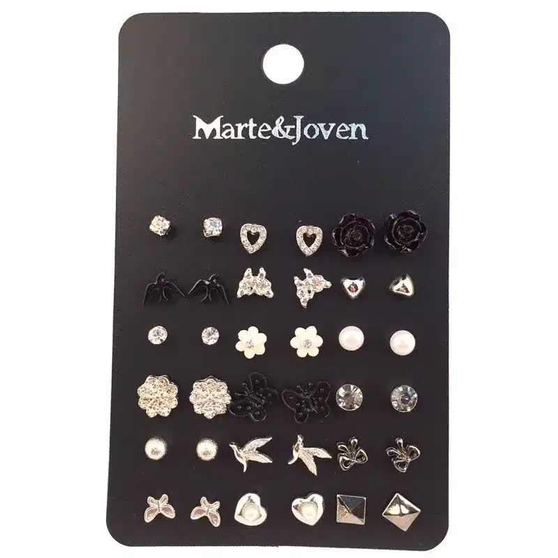 18 Pairs/Ccard Vintage Silver Plated Stud Earring Set Crown Stud SetS For Women Mix Crown Star Flower Heart Butterfly Wholesale 6