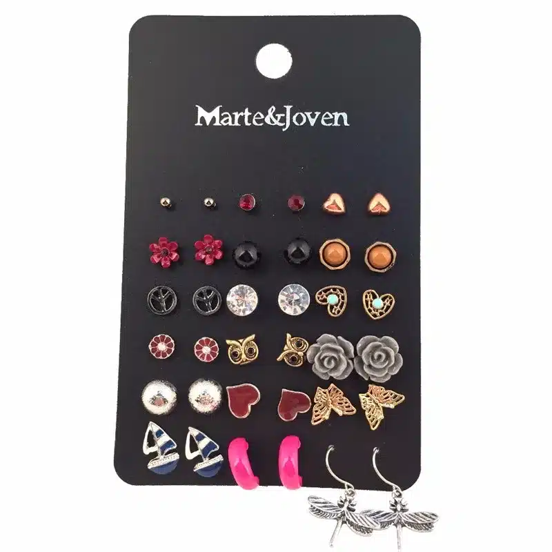 18 Pairs/Ccard Vintage Silver Plated Stud Earring Set Crown Stud SetS For Women Mix Crown Star Flower Heart Butterfly Wholesale 7