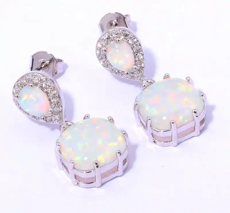 CiNily Created White Fire Opal Cubic Zirconia Silver Plated Earrings Wholesale Fashion for Women Jewelry Stud Earrings 1" OH3513 15