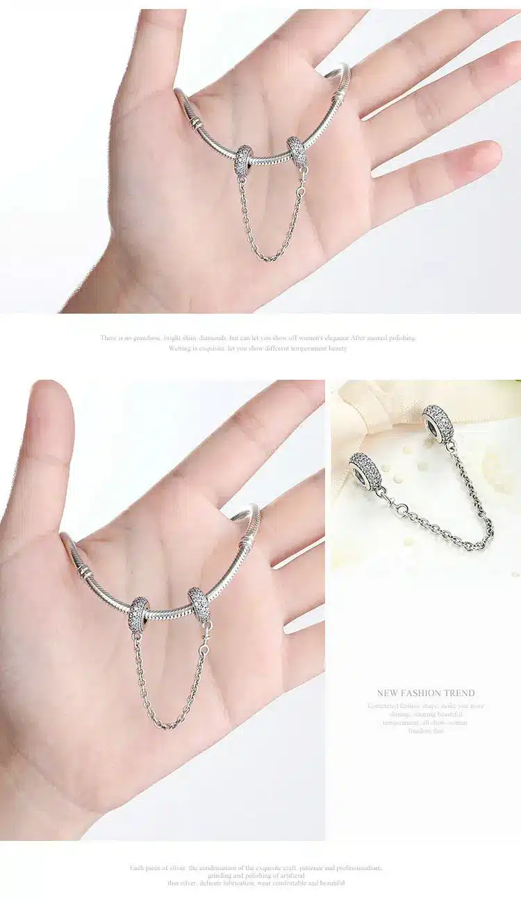 Real 925 Sterling Silver Pave Inspiration Safety Chain Charm With Clear CZ Fit Original pandora Bracelet Authentic Jewelry Gift 15