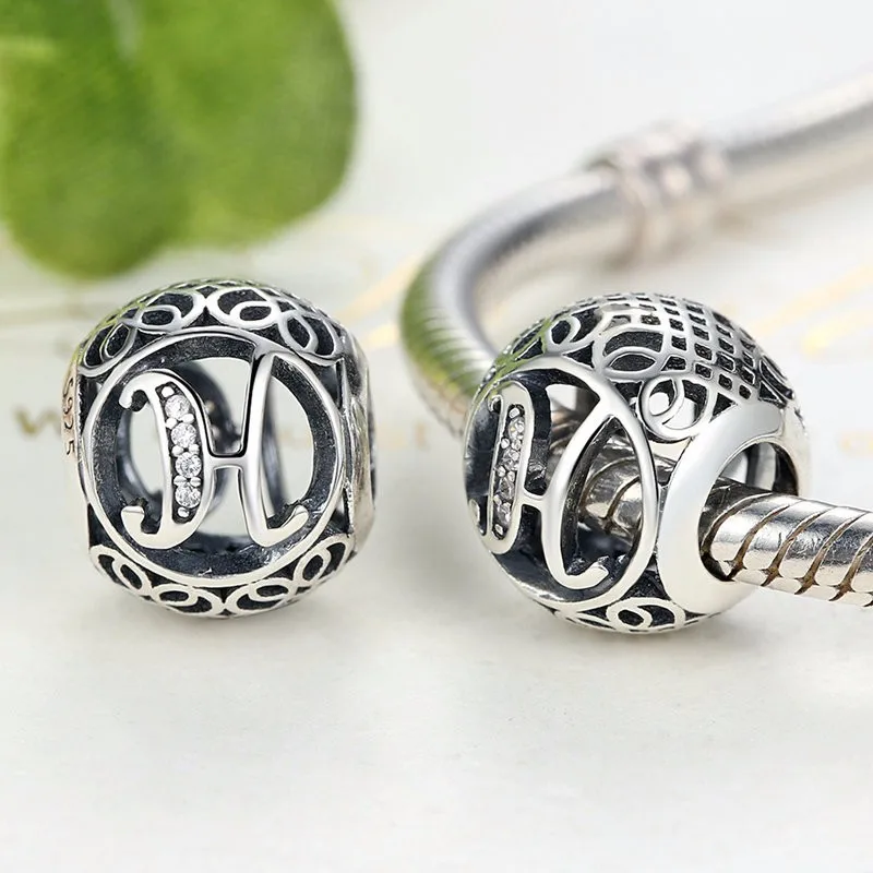 Authentic 925 Sterling Silver Vintage A to T Letter Charms Fit Original pandora Charm Bracelets & Bangles Silver Jewelry 25