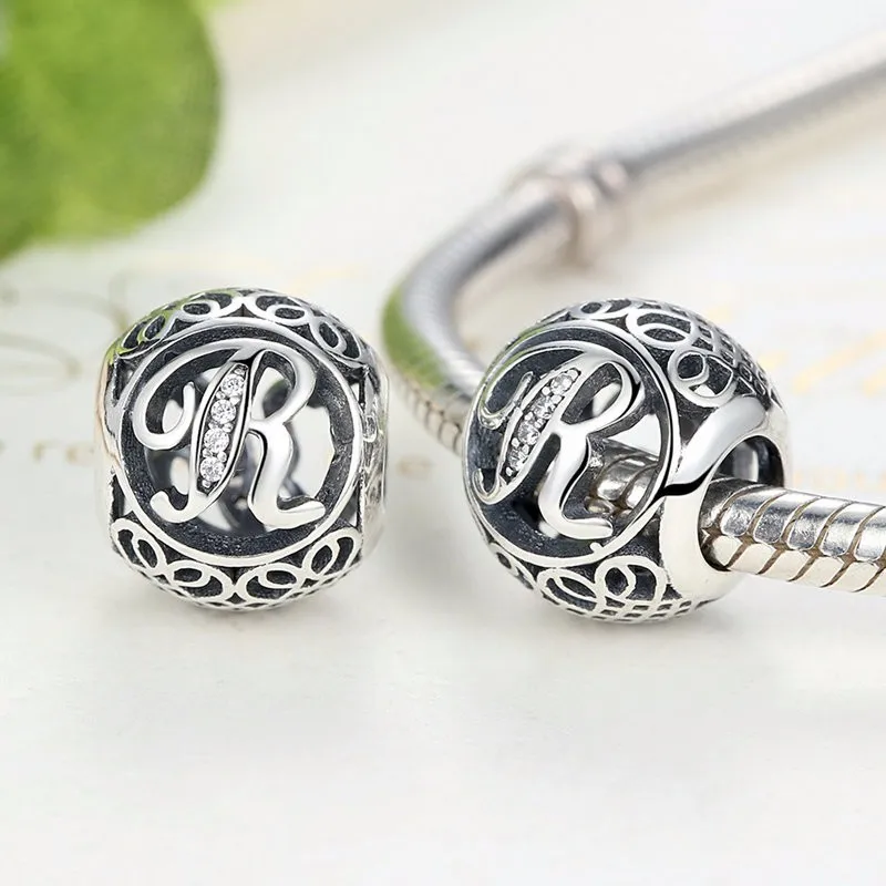 Authentic 925 Sterling Silver Vintage A to T Letter Charms Fit Original pandora Charm Bracelets & Bangles Silver Jewelry 35