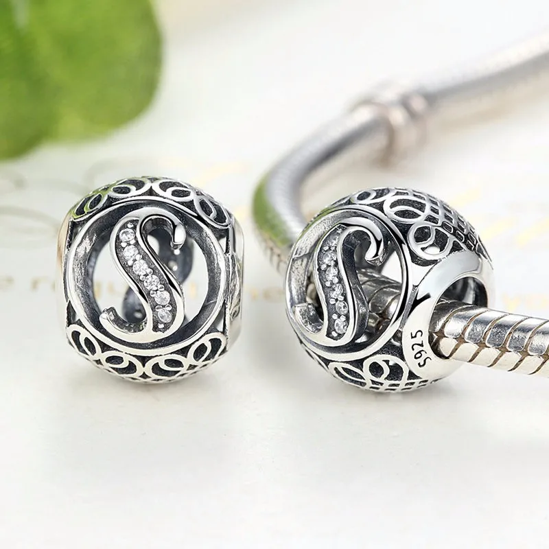 Authentic 925 Sterling Silver Vintage A to T Letter Charms Fit Original pandora Charm Bracelets & Bangles Silver Jewelry 36