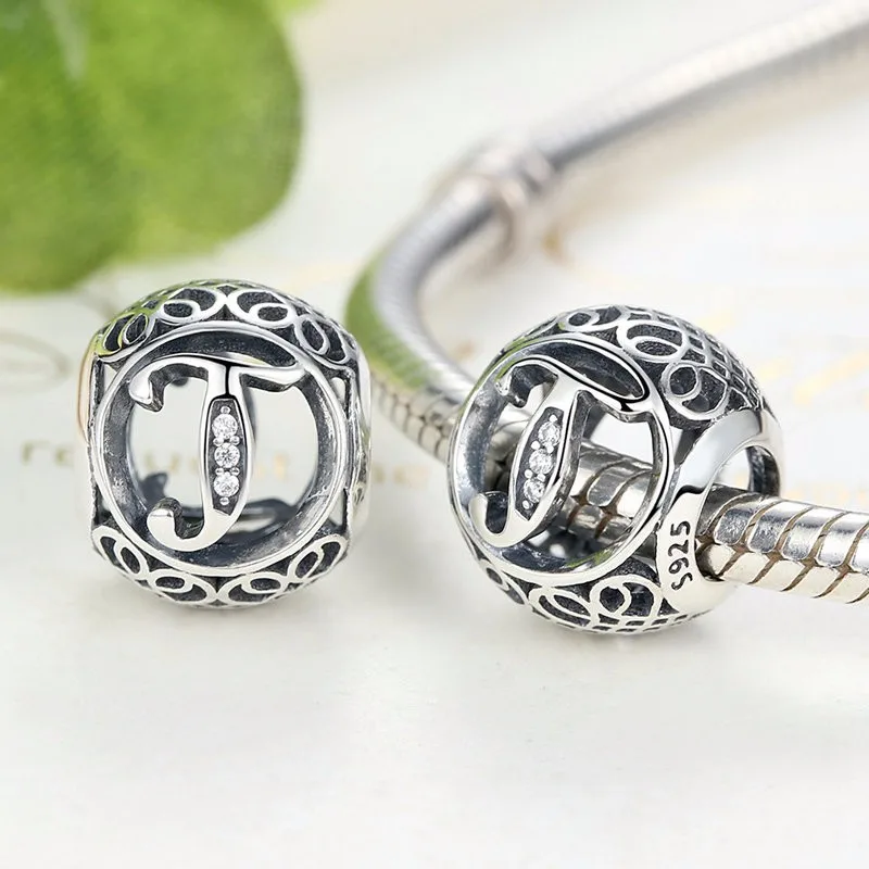 Authentic 925 Sterling Silver Vintage A to T Letter Charms Fit Original pandora Charm Bracelets & Bangles Silver Jewelry 37