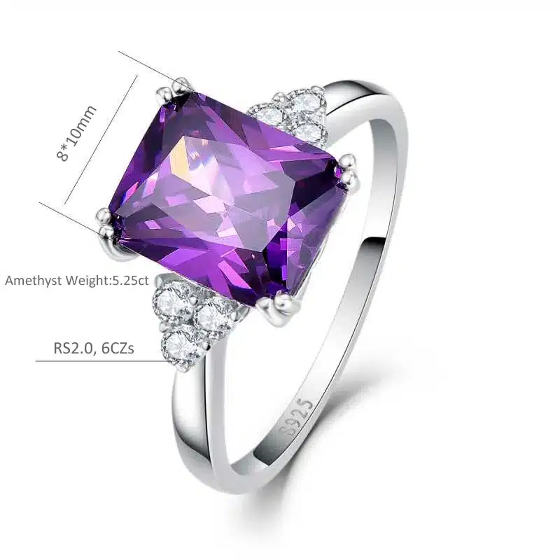 Vintage Jewelry 5.25ct Amethyst 925 Sterling Silver Ring emerald Cut Purple Nature stone Women Wedding Anel Aneis Gemstone Rings 15
