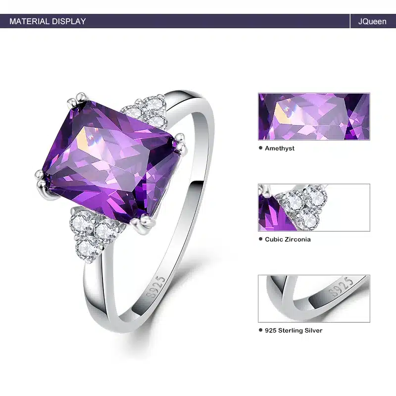 Vintage Jewelry 5.25ct Amethyst 925 Sterling Silver Ring emerald Cut Purple Nature stone Women Wedding Anel Aneis Gemstone Rings 14