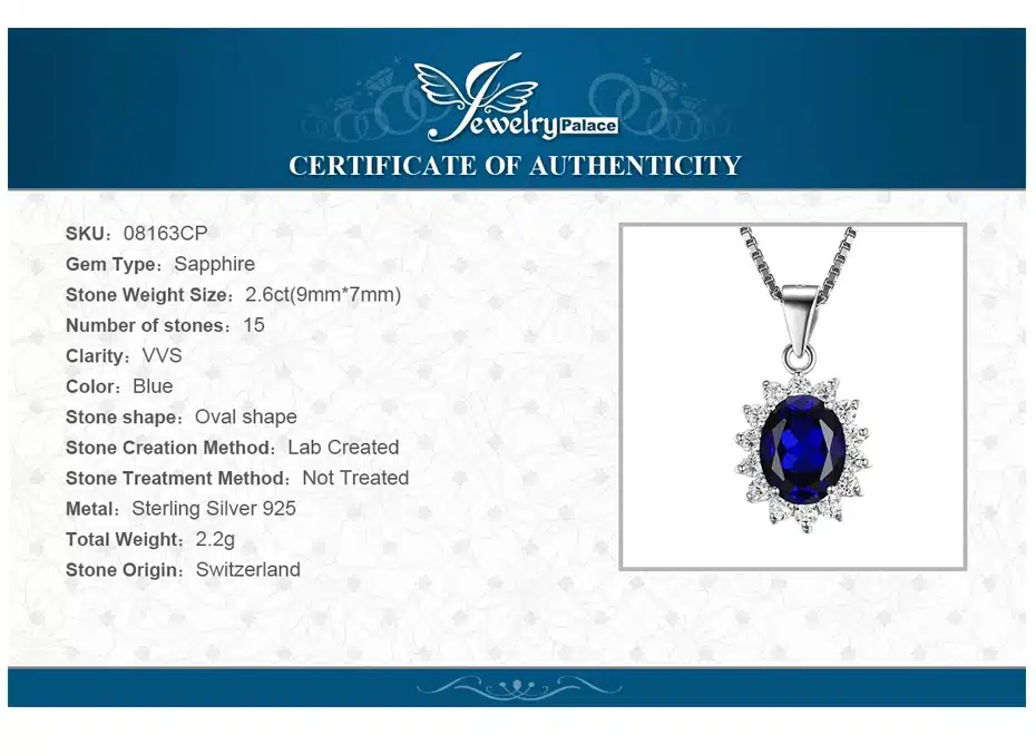 JewelryPalace British Kate Princess Diana William Engagement Wedding Blue Sapphire Pendant No Necklace 925 Sterling Silver 23
