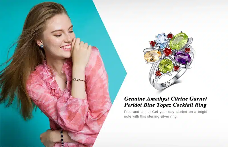 JewelryPalace Flower Multicolor 3.1ct Natural Amethyst Garnet Peridot Citrine Blue Topaz Cocktail Ring 925 Sterling Silver Ring 22