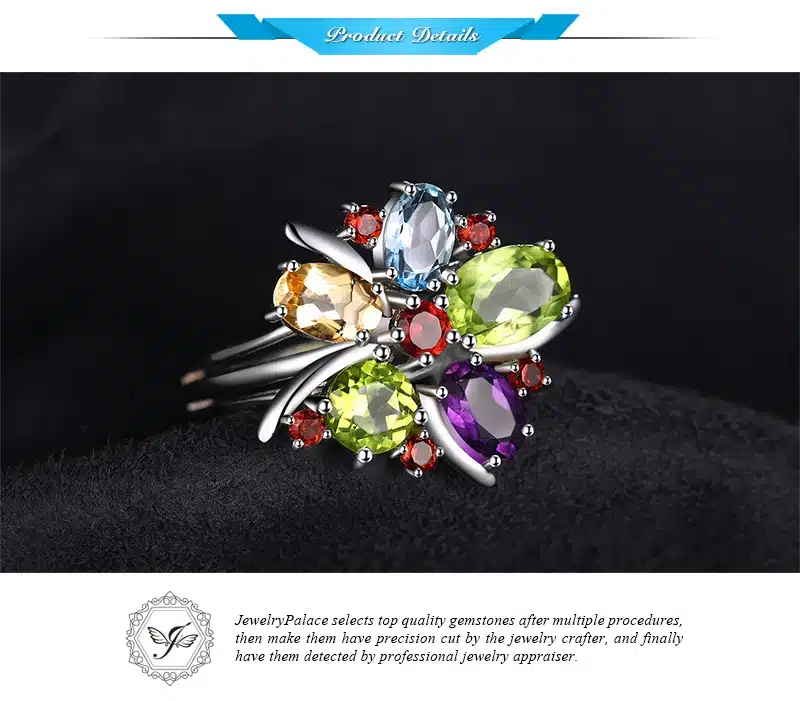 JewelryPalace Flower Multicolor 3.1ct Natural Amethyst Garnet Peridot Citrine Blue Topaz Cocktail Ring 925 Sterling Silver Ring 23