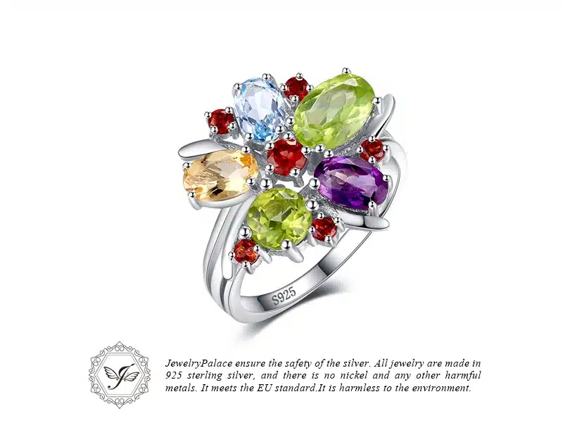 JewelryPalace Flower Multicolor 3.1ct Natural Amethyst Garnet Peridot Citrine Blue Topaz Cocktail Ring 925 Sterling Silver Ring 24
