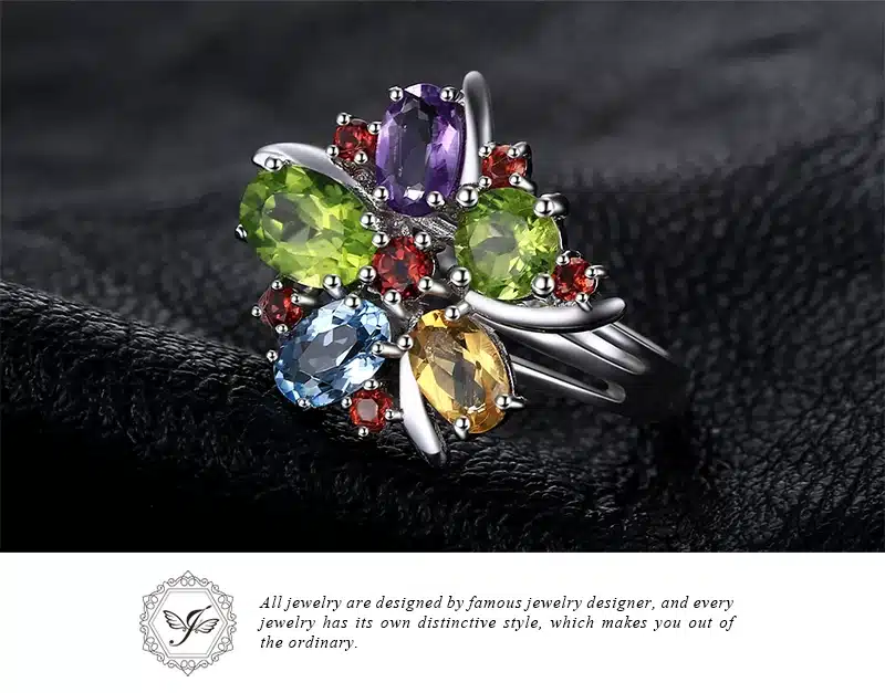 JewelryPalace Flower Multicolor 3.1ct Natural Amethyst Garnet Peridot Citrine Blue Topaz Cocktail Ring 925 Sterling Silver Ring 25