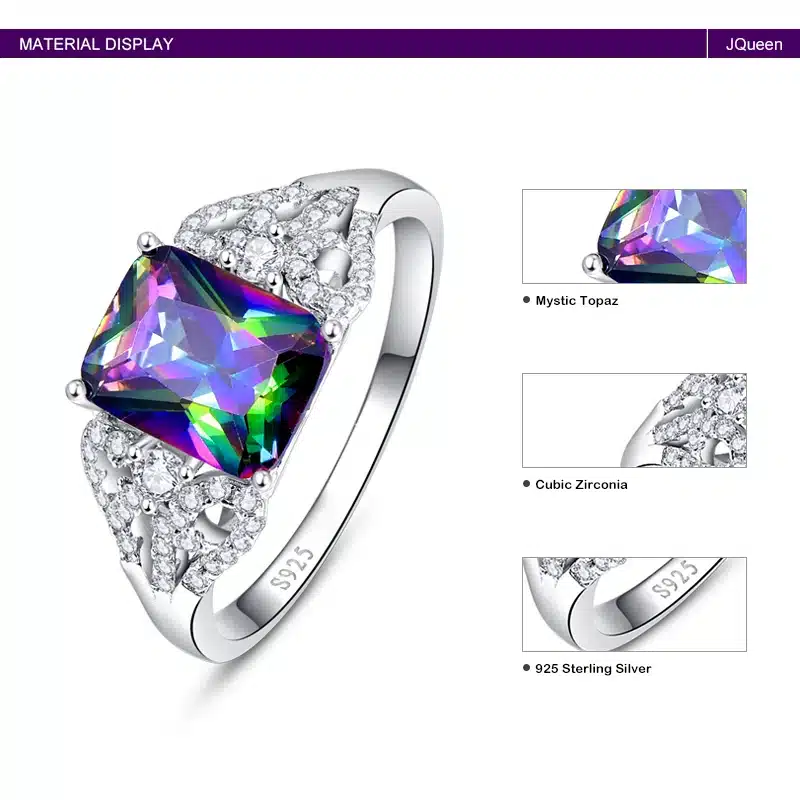 Hot Emerald Cut 3ct Natural Mystic Fire Rainbow Topaz Engagement Wedding Ring Genuine 925 Sterling Silver Rings for Women 14