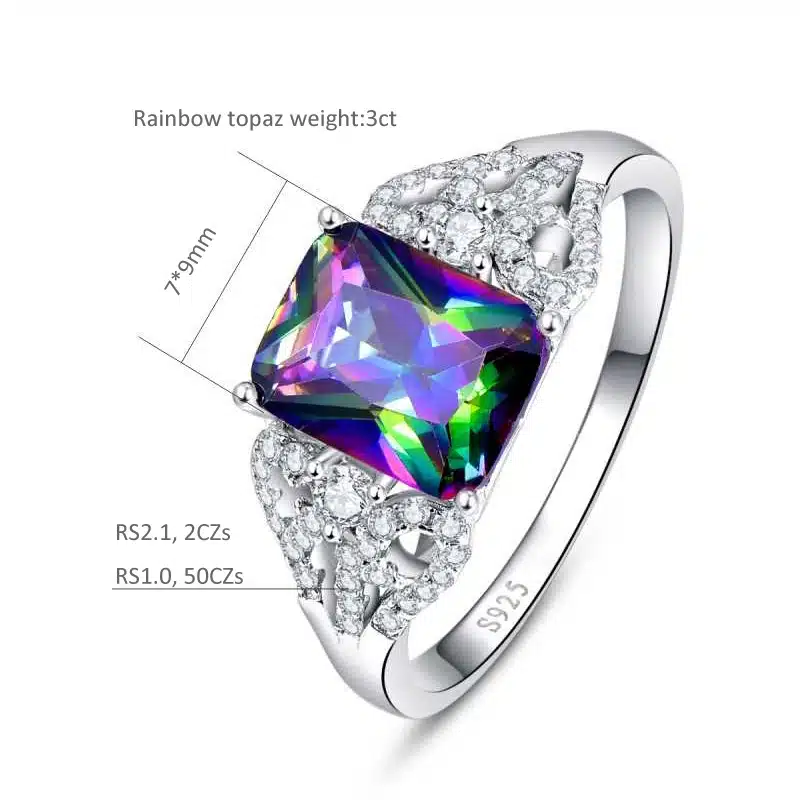 Hot Emerald Cut 3ct Natural Mystic Fire Rainbow Topaz Engagement Wedding Ring Genuine 925 Sterling Silver Rings for Women 15