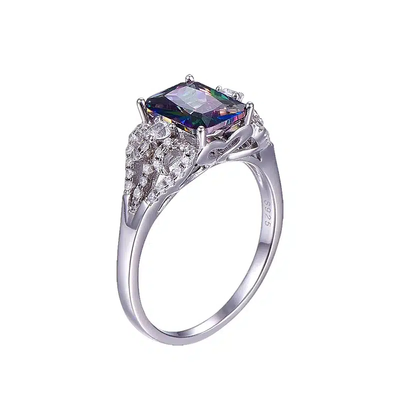 Hot Emerald Cut 3ct Natural Mystic Fire Rainbow Topaz Engagement Wedding Ring Genuine 925 Sterling Silver Rings for Women 16