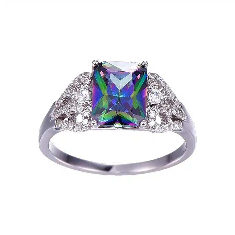 Hot Emerald Cut 3ct Natural Mystic Fire Rainbow Topaz Engagement Wedding Ring Genuine 925 Sterling Silver Rings for Women 18