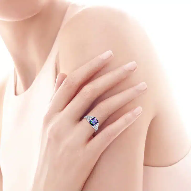 Hot Emerald Cut 3ct Natural Mystic Fire Rainbow Topaz Engagement Wedding Ring Genuine 925 Sterling Silver Rings for Women 20