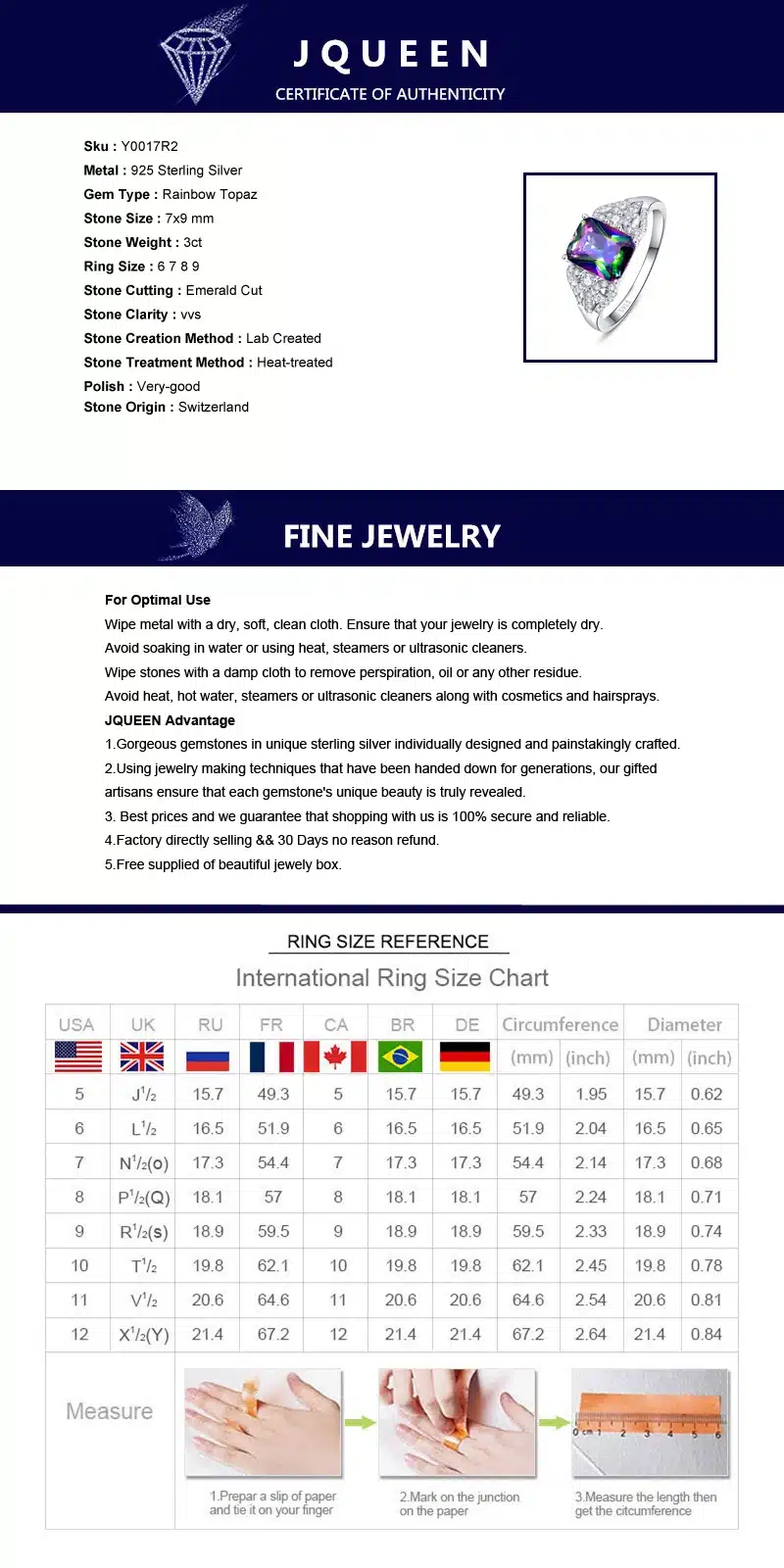 Hot Emerald Cut 3ct Natural Mystic Fire Rainbow Topaz Engagement Wedding Ring Genuine 925 Sterling Silver Rings for Women 22