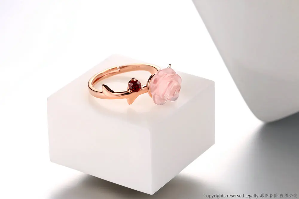MoBuy MBRI025 Special Pink Flower Natural Gemstone Rose Quartz Ring 925 Sterling Silver Gold Plated Adjustable Jewelry For Women 9