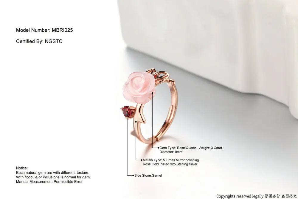 MoBuy MBRI025 Special Pink Flower Natural Gemstone Rose Quartz Ring 925 Sterling Silver Gold Plated Adjustable Jewelry For Women 8