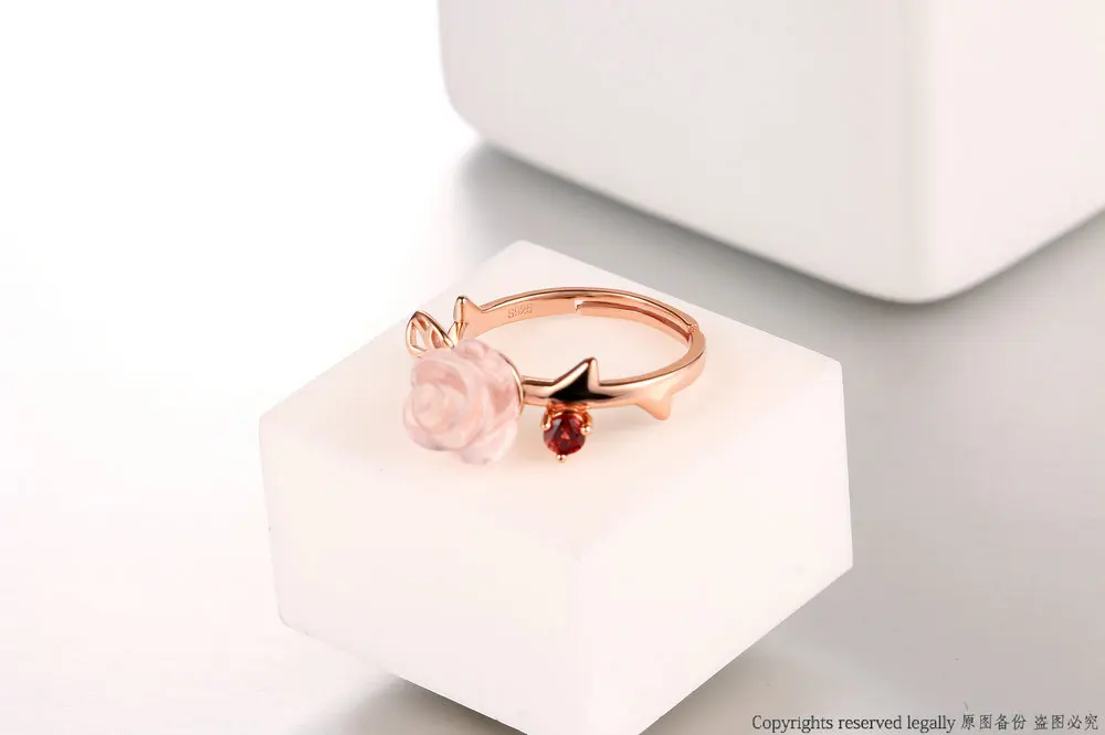 MoBuy MBRI025 Special Pink Flower Natural Gemstone Rose Quartz Ring 925 Sterling Silver Gold Plated Adjustable Jewelry For Women 10