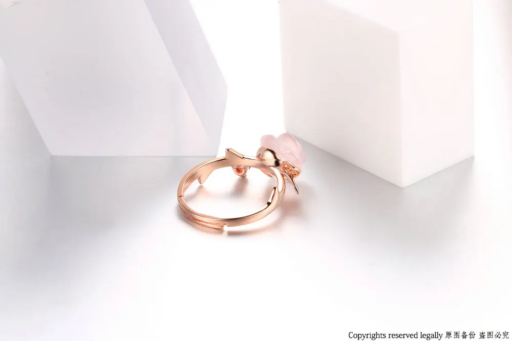 MoBuy MBRI025 Special Pink Flower Natural Gemstone Rose Quartz Ring 925 Sterling Silver Gold Plated Adjustable Jewelry For Women 11