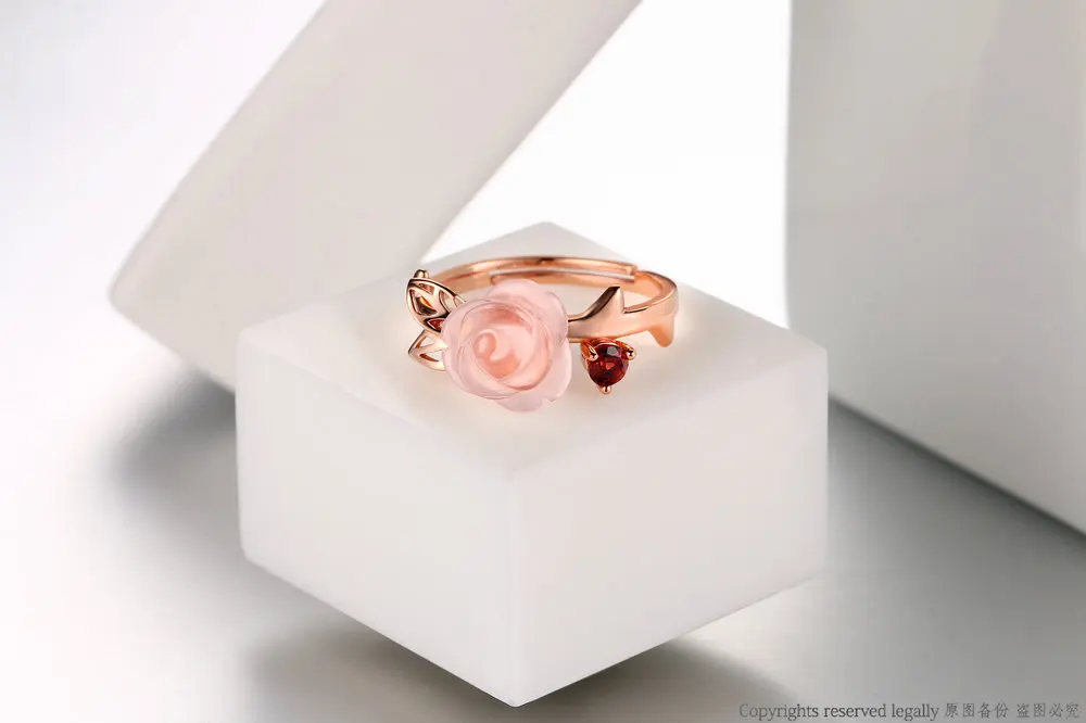 MoBuy MBRI025 Special Pink Flower Natural Gemstone Rose Quartz Ring 925 Sterling Silver Gold Plated Adjustable Jewelry For Women 12