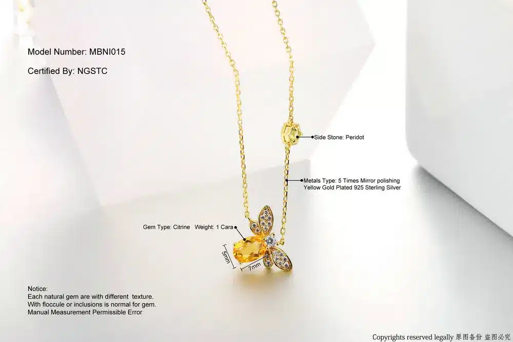 MoBuy MBNI015 Sweet Bee Natural Gemstone Citrine Necklace & Pendant 925 Sterling Silver 14K Yellow Gold Plated Fine Jewelry Gift 8