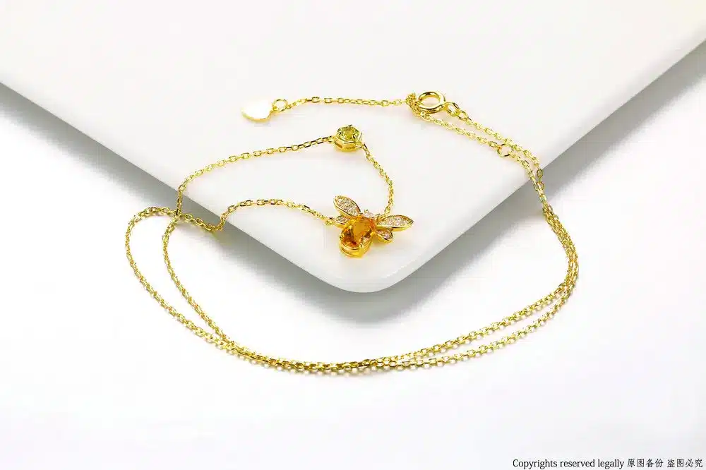 MoBuy MBNI015 Sweet Bee Natural Gemstone Citrine Necklace & Pendant 925 Sterling Silver 14K Yellow Gold Plated Fine Jewelry Gift 12