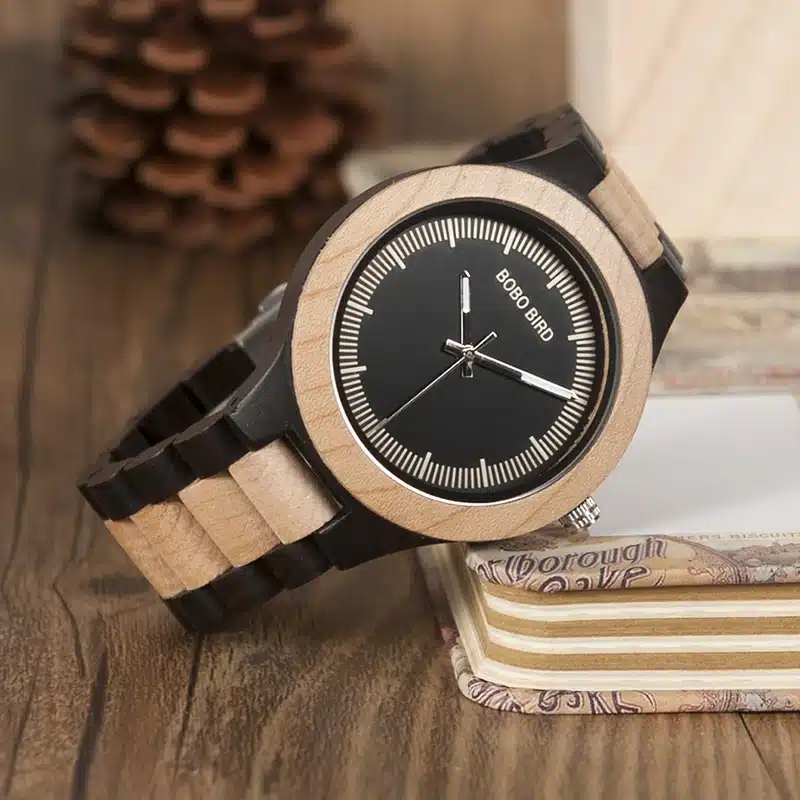BOBO BIRD WO01O02 Wood Watch Ebony RedWood Pine Wooden Watches for Men Two-tone Wood Quartz Watch with Tool for Adjusting Size 15