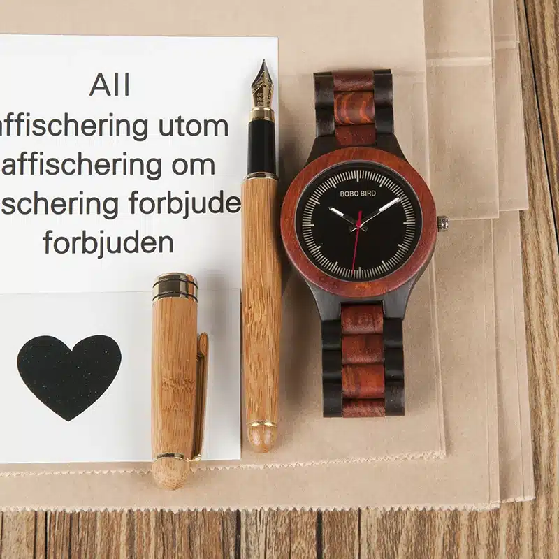 BOBO BIRD WO01O02 Wood Watch Ebony RedWood Pine Wooden Watches for Men Two-tone Wood Quartz Watch with Tool for Adjusting Size 20