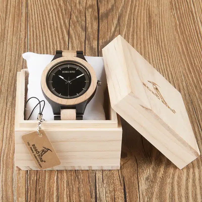 BOBO BIRD WO01O02 Wood Watch Ebony RedWood Pine Wooden Watches for Men Two-tone Wood Quartz Watch with Tool for Adjusting Size 23