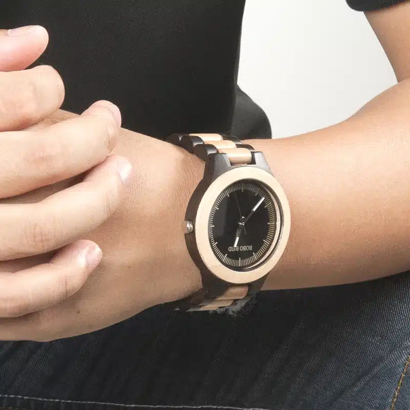 BOBO BIRD WO01O02 Wood Watch Ebony RedWood Pine Wooden Watches for Men Two-tone Wood Quartz Watch with Tool for Adjusting Size 25
