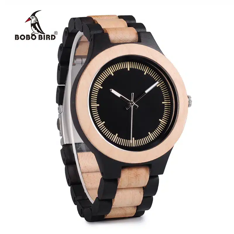 BOBO BIRD WO01O02 Wood Watch Ebony RedWood Pine Wooden Watches for Men Two-tone Wood Quartz Watch with Tool for Adjusting Size 27