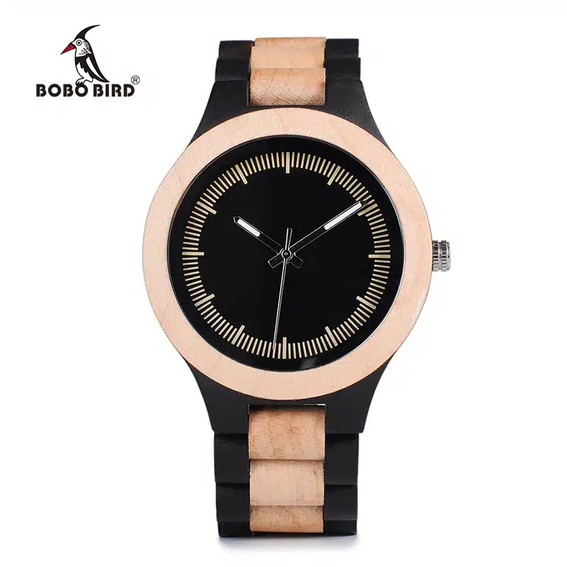 BOBO BIRD WO01O02 Wood Watch Ebony RedWood Pine Wooden Watches for Men Two-tone Wood Quartz Watch with Tool for Adjusting Size 28