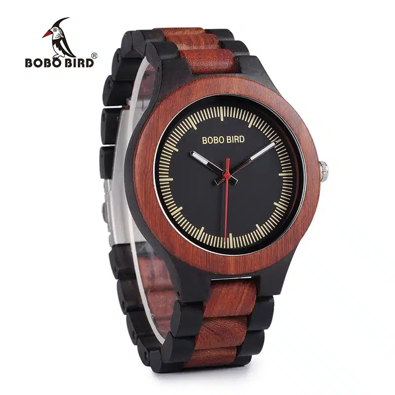 BOBO BIRD WO01O02 Wood Watch Ebony RedWood Pine Wooden Watches for Men Two-tone Wood Quartz Watch with Tool for Adjusting Size 31