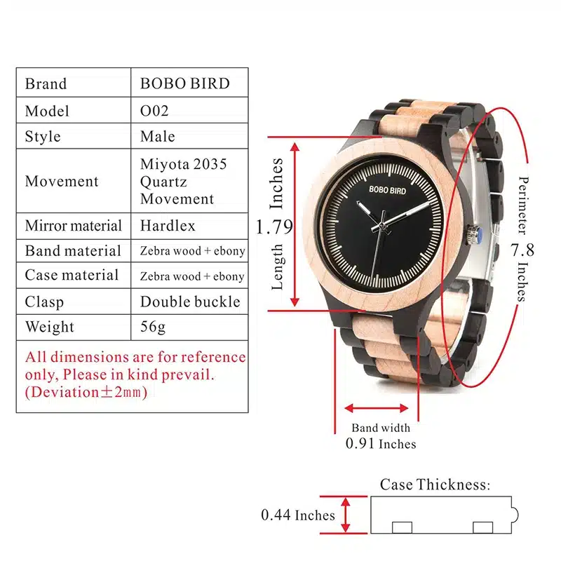 BOBO BIRD WO01O02 Wood Watch Ebony RedWood Pine Wooden Watches for Men Two-tone Wood Quartz Watch with Tool for Adjusting Size 33