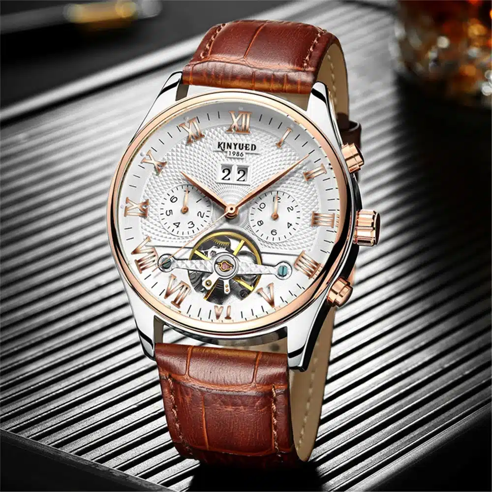 KINYUED 2017 Skeleton Tourbillon Mechanical Watch Automatic Men Classic Rose Gold Leather Mechanical Wrist Watches Reloj Hombre 7