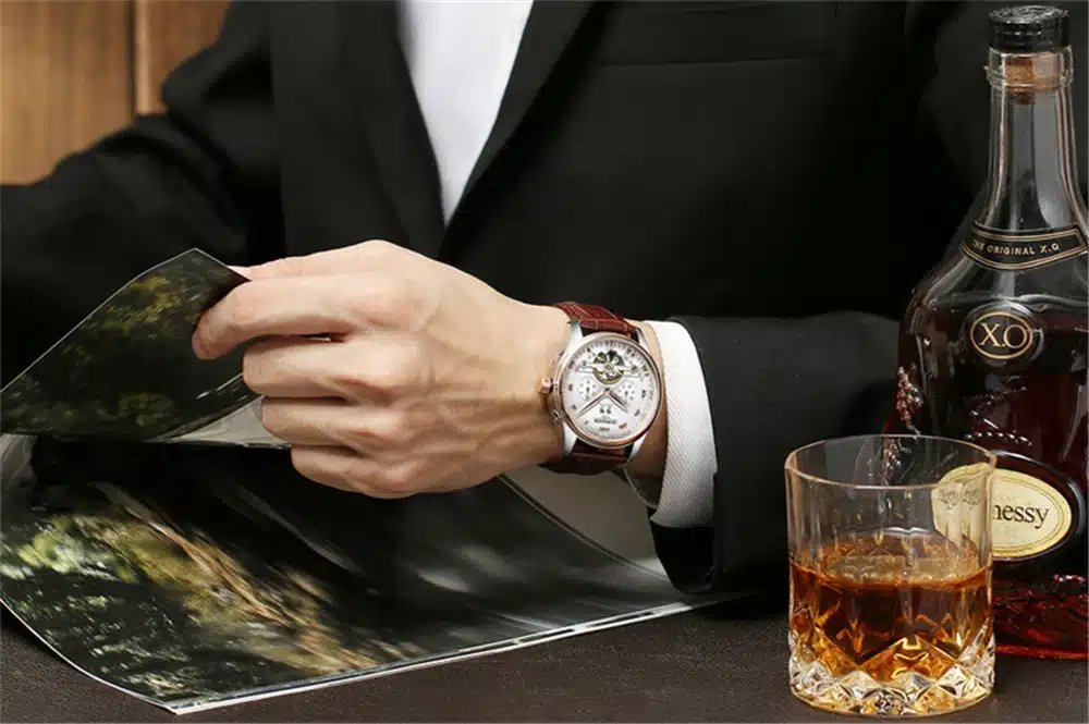 KINYUED 2017 Skeleton Tourbillon Mechanical Watch Automatic Men Classic Rose Gold Leather Mechanical Wrist Watches Reloj Hombre 11