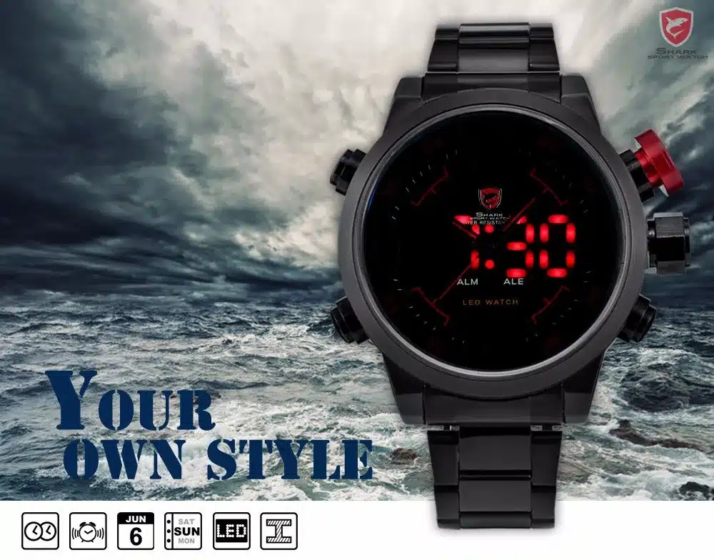 Gulper SHARK Sport Watch Digital LED Men's Top Brand Luxury Black Red Calendar Steel Band Wrist Quartz-Watch Reloj Hombre /SH105 5