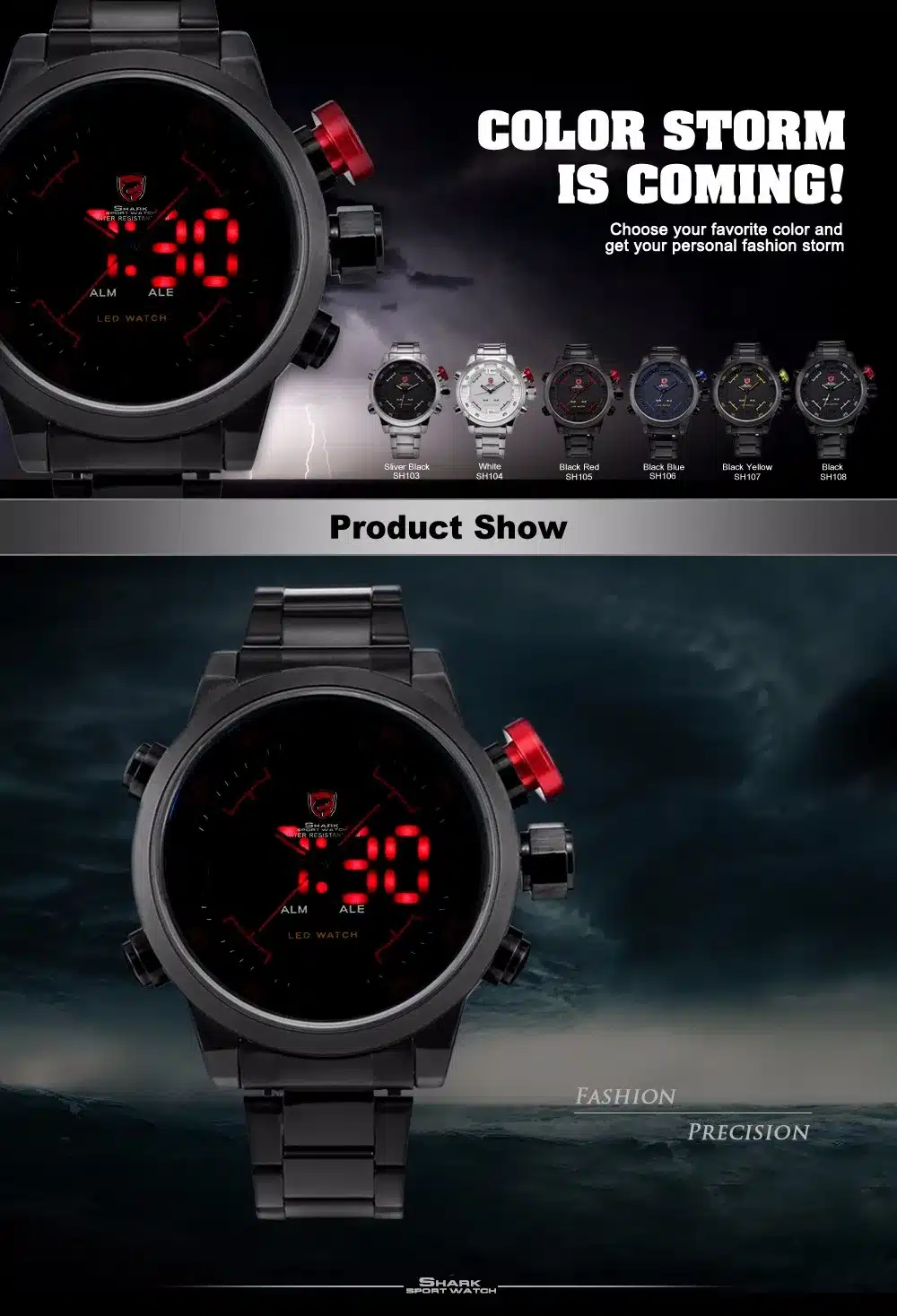 Gulper SHARK Sport Watch Digital LED Men's Top Brand Luxury Black Red Calendar Steel Band Wrist Quartz-Watch Reloj Hombre /SH105 6