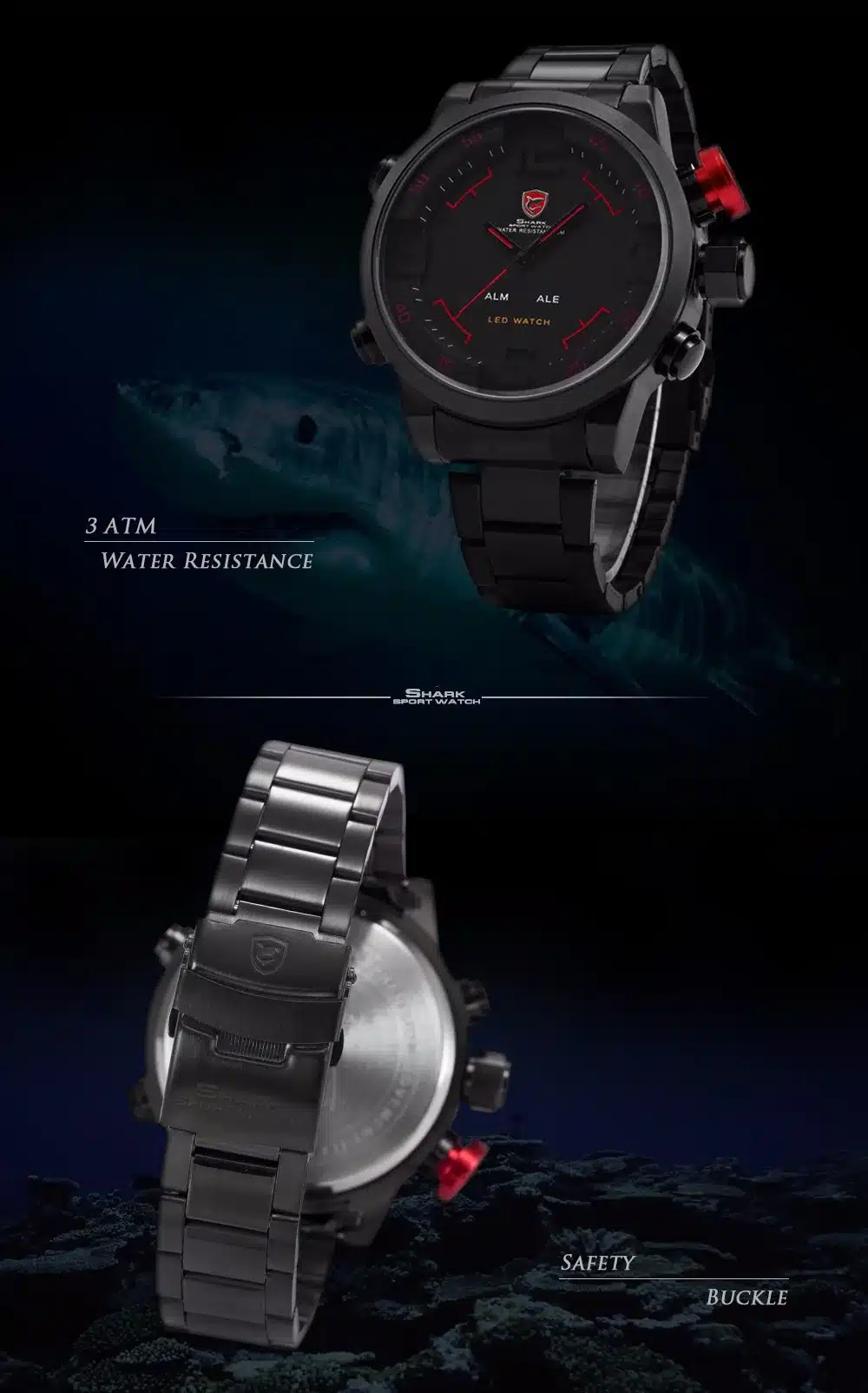 Gulper SHARK Sport Watch Digital LED Men's Top Brand Luxury Black Red Calendar Steel Band Wrist Quartz-Watch Reloj Hombre /SH105 7